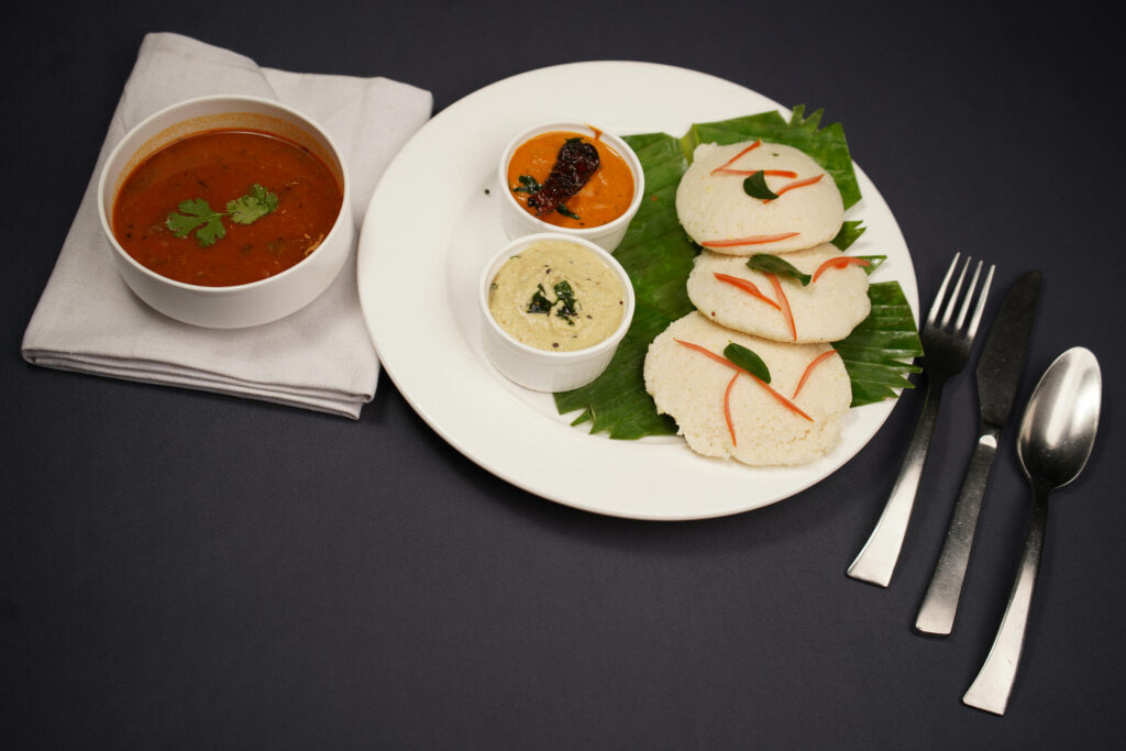 Idli with Coconut Chutney & Sambar