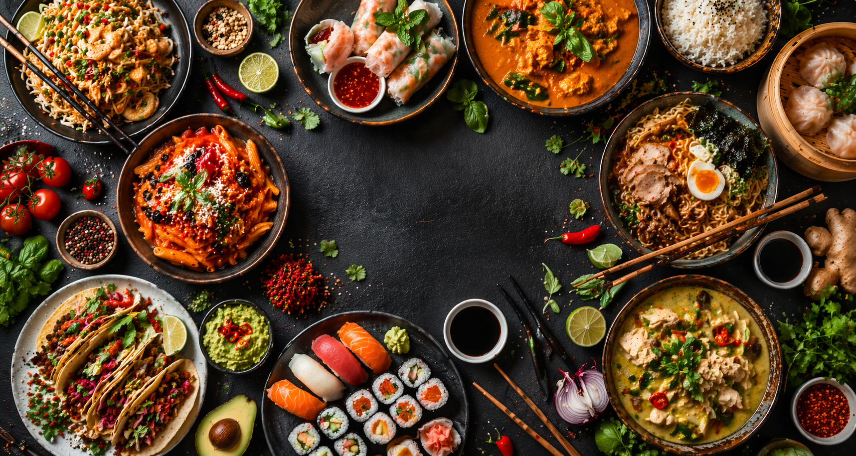 Global recipes from different cuisines arranged on a table